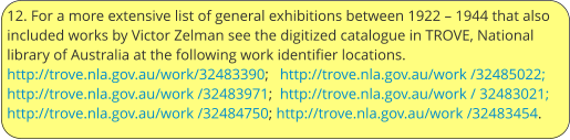 12. For a more extensive list of general exhibitions between 1922 – 1944 that also included works by Victor Zelman see the digitized catalogue in TROVE, National library of Australia at the following work identifier locations. http://trove.nla.gov.au/work/32483390;   http://trove.nla.gov.au/work /32485022;  http://trove.nla.gov.au/work /32483971;  http://trove.nla.gov.au/work / 32483021; http://trove.nla.gov.au/work /32484750; http://trove.nla.gov.au/work /32483454.